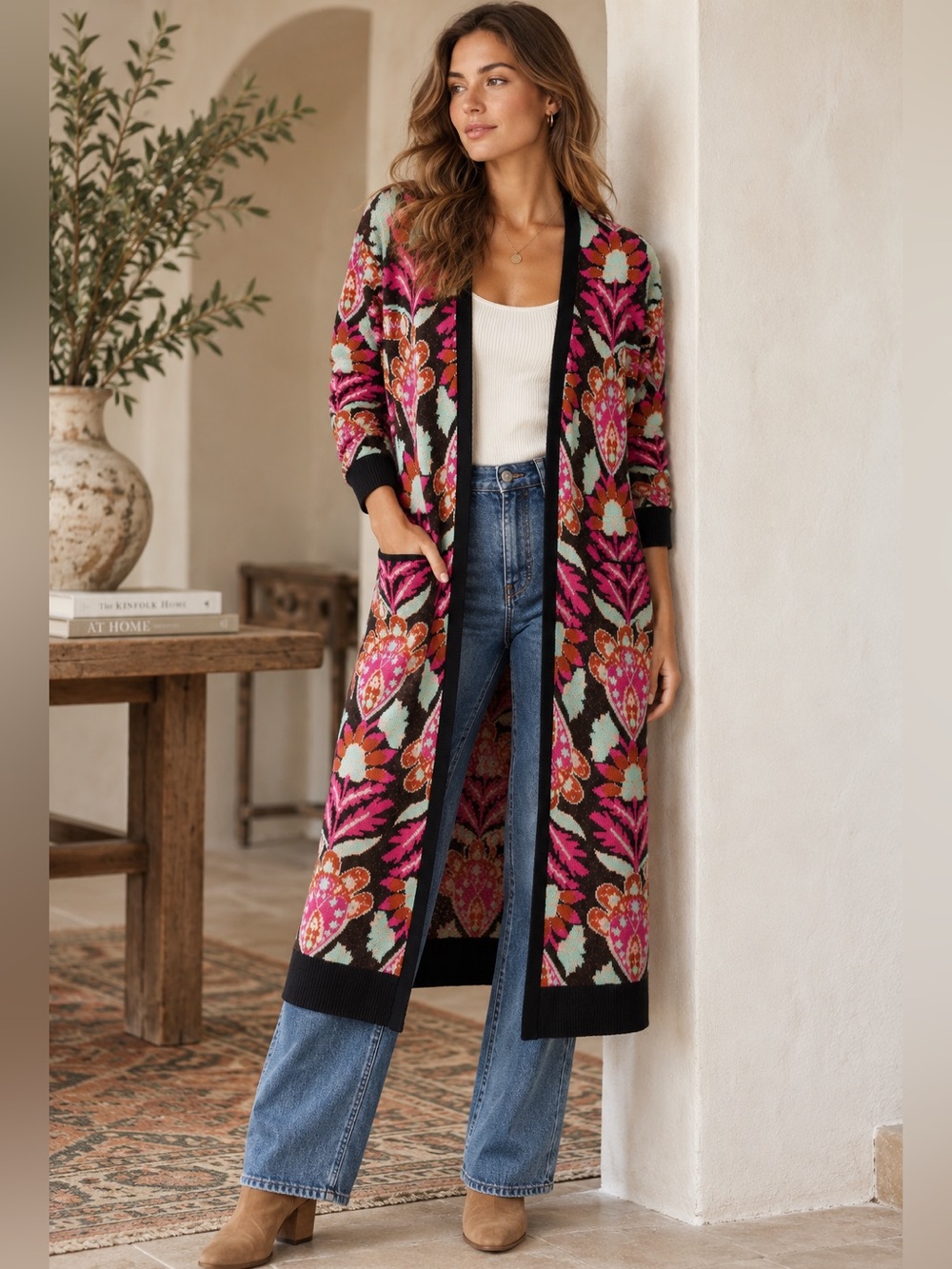 Anthropologie Patterned Duster Cardigan Medium Floral Paisley Wool Blend Boho